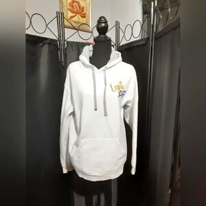 Fruit of the Loom White Hoodie with Gold and Purple Details Logo Size Ladies M